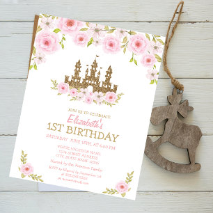Gold Glitter Princess Castle, Floral Birthday Kaart