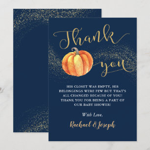 Gold Glitter Pumpkin Navy Blue Boy Baby shower Bedankkaart