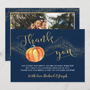 Gold Glitter Pumpkin Navy Blue Photo Baby shower Bedankkaart