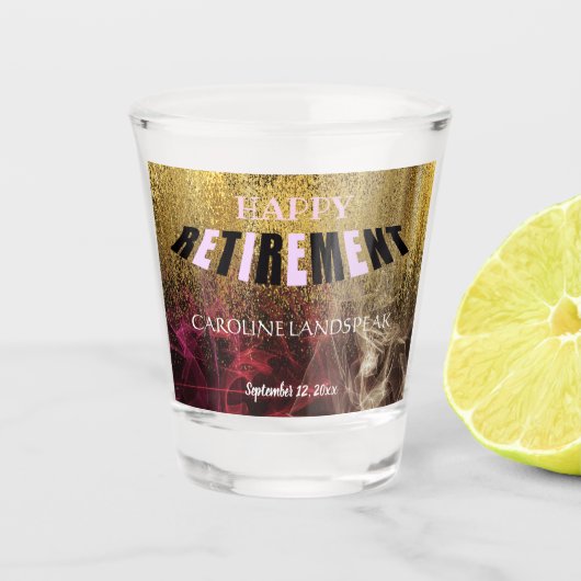 Gold Glitter & Red Gold Smoke Happy Retirement Shot Glas (Voorkant)