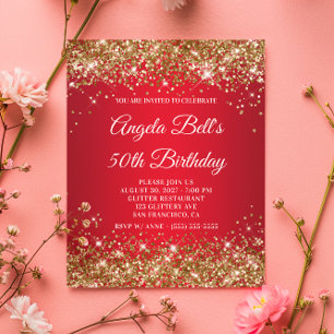Gold Glitter Red Ombre 50th Birthday Uitnodiging