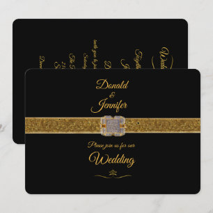 Gold Glitter Ribbon & Diamond Brooch/Black Wedding Kaart