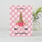 Gold Glitter & Roses Unicorn Birthday Party Kaart (Staand voorkant)