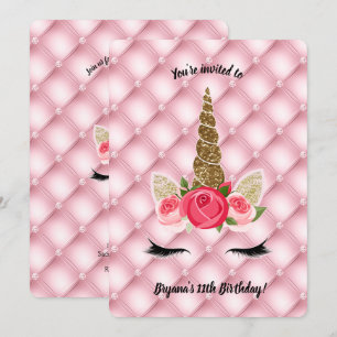Gold Glitter & Roses Unicorn Birthday Party Kaart