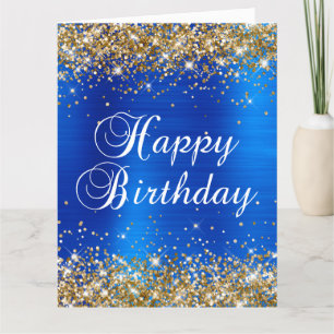 Gold Glitter Royal Blue Big Happy Birthday Kaart
