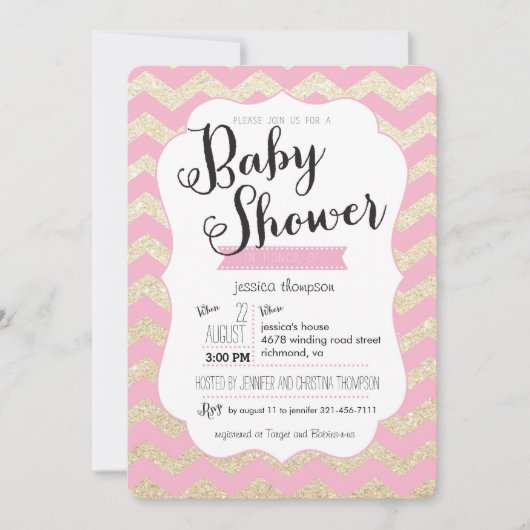 Gold Glitter & Roze Chevron Baby shower Invite Kaart (Voorkant)