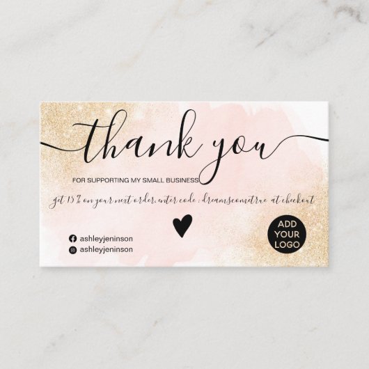 Gold glitter roze penseelbestelling bedankt visitekaartje (Voorkant)