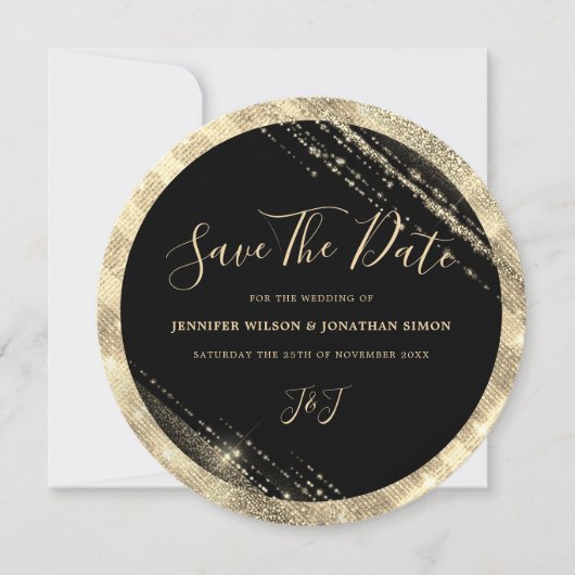 Gold Glitter Save the date Black Invitation (Voorkant)