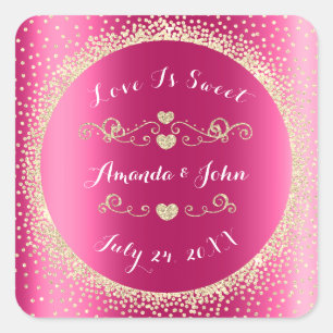 Gold Glitter Save the Date Love Sweet Fuchsia Pink Vierkante Sticker