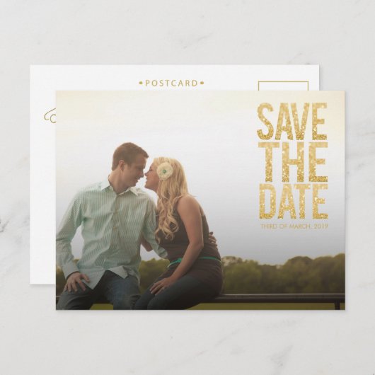 Gold Glitter Save the Date Typography Aankondiging (Voorkant / Achterkant)