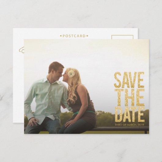 Gold Glitter Save the Date Typography Aankondiging (Voorkant / Achterkant)