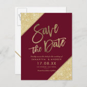 Gold glitter script marsala red save the date aankondigingskaart (Voorkant / Achterkant)