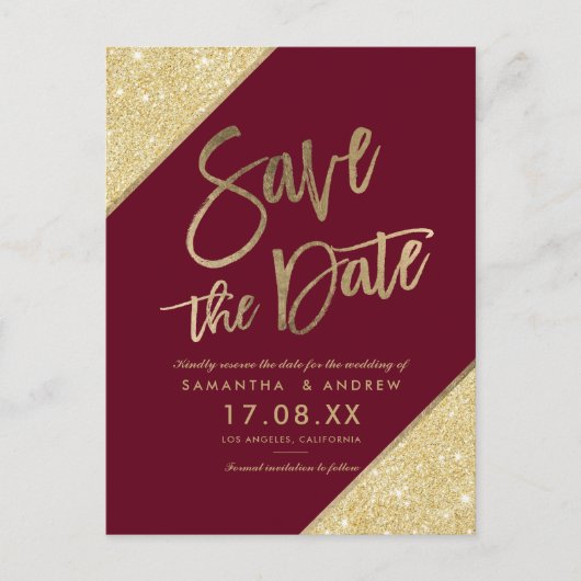 Gold glitter script marsala red save the date aankondigingskaart (Voorkant)