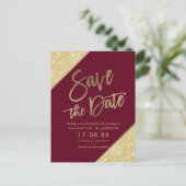 Gold glitter script marsala red save the date aankondigingskaart (Staand voorkant)