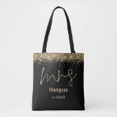 Gold Glitter Script Mrs Name Date Bride Black Draagtas (Voorkant)