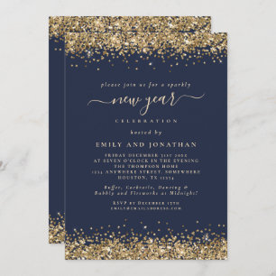 Gold Glitter Script Navy Blue New Years Eve Party Kaart