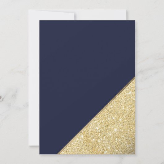 Gold glitter script navy blue save the date (Achterkant)