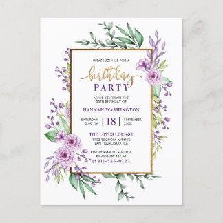 Gold Glitter Script Paarse Bloemen Verjaardagsfees Uitnodiging Briefkaart