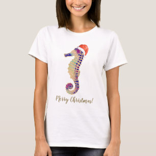 Gold Glitter Seahorse Santa Merry kerst T-shirt