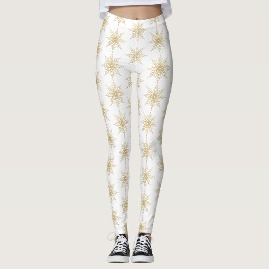 Gold Glitter Snowflake Holiday Leggings (Voorkant)