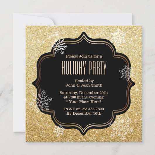 Gold Glitter Snowflakes Holiday Party Invitations Kaart (Voorkant)