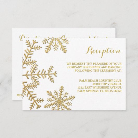 Gold Glitter Snowflakes Winter Reception Card Informatiekaartje (Voorkant / Achterkant)
