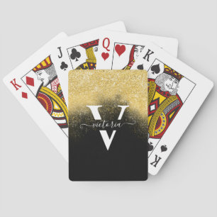 Gold Glitter Sparkle Elegant Monogram Black Aangep Pokerkaarten