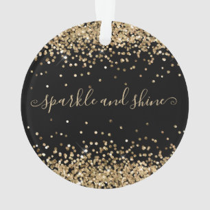 Gold Glitter Sparkle en Shine Happy Holiday Black Ornament