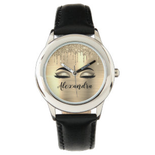 Gold Glitter Sparkle Eyelashes Monogram Naam Horloge