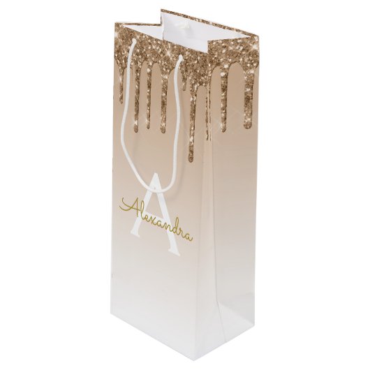 Gold Glitter & Sparkle Luxury Monogram Wijn Cadeautas (Voorkant Gekanteld)