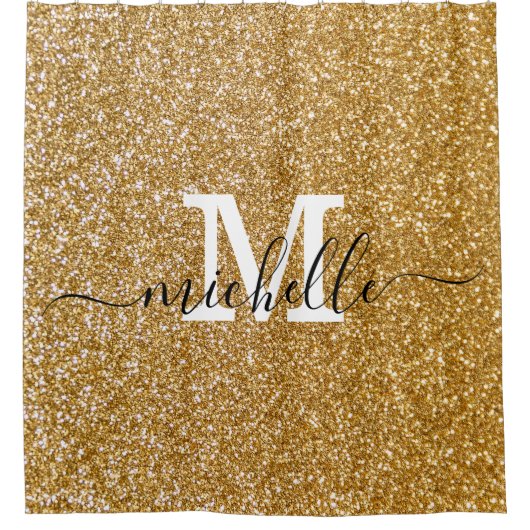 Gold Glitter Sparkle Script Monogram Douchegordijn (Voorkant)