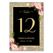 Gold Glitter Sparkles Floral Wedding Table Number Kaart (Achterkant)
