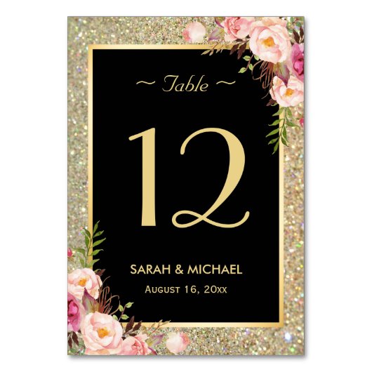 Gold Glitter Sparkles Floral Wedding Table Number Kaart (Voorkant)