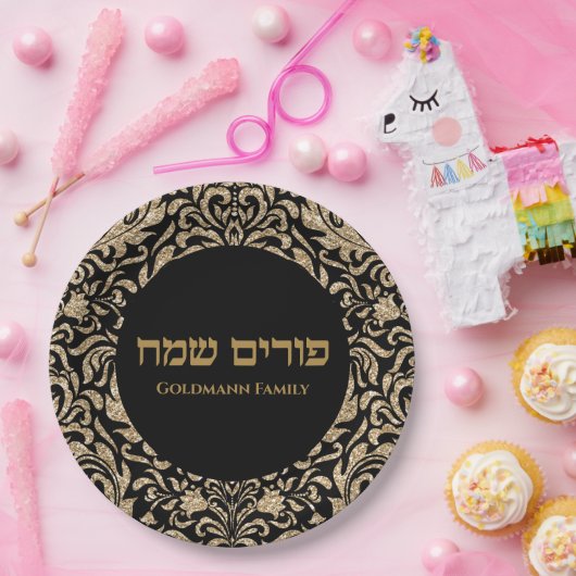 Gold Glitter - Speciaal Purim Sameach Papieren Bordje (Feest)