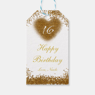 Gold Glitter Spill Sweet 16 Heart Gift Label Cadeaulabel