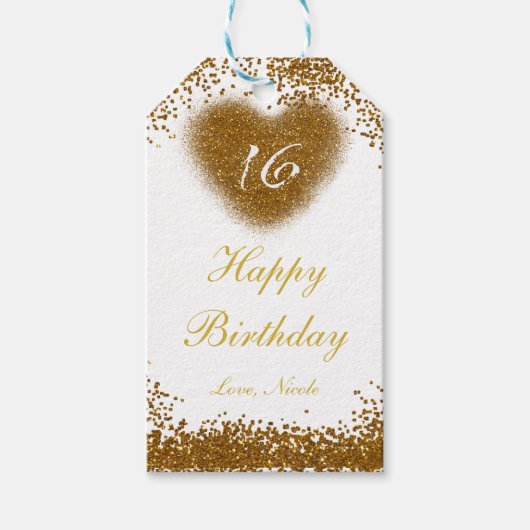Gold Glitter Spill Sweet 16 Heart Gift Label Cadeaulabel (Voorkant)
