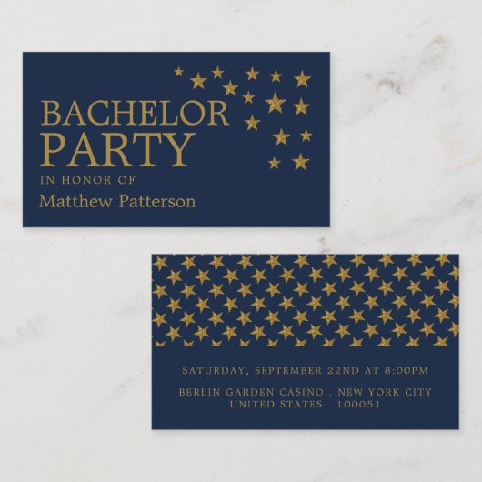Gold Glitter Stars, Bachelor Party Ticket Invite (Voorkant / Achterkant)
