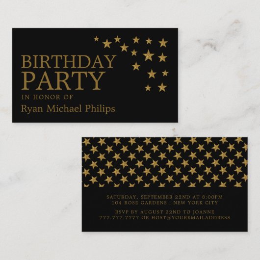 Gold Glitter Stars, Birthday Party Ticket (Voorkant / Achterkant)