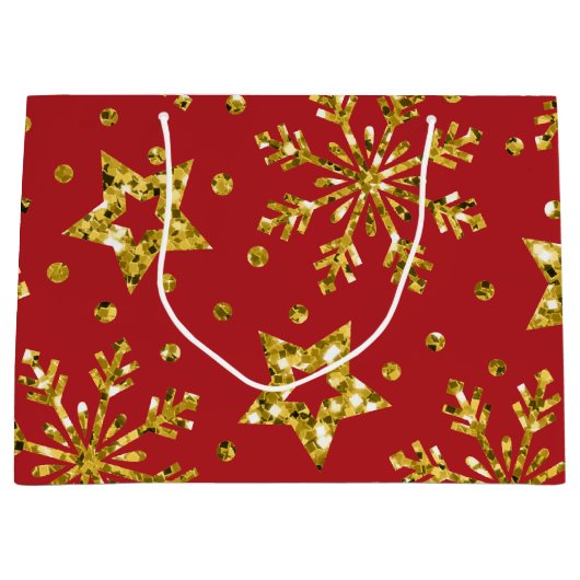Gold Glitter Stars & Snowflakes Groot Cadeauzakje (Voorkant)