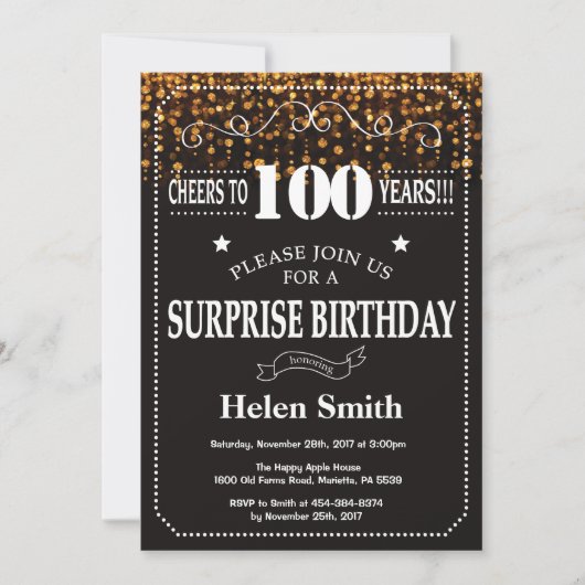 Gold Glitter Surprise 100th Birthday Invitation Kaart (Voorkant)