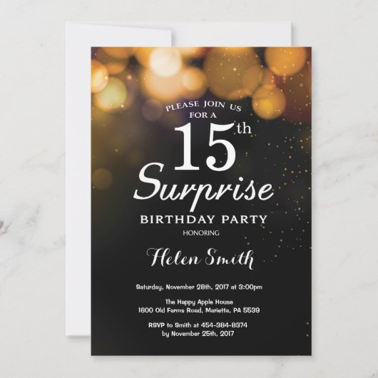 Gold Glitter Surprise - 15e verjaardag uitnodiging (Voorkant)