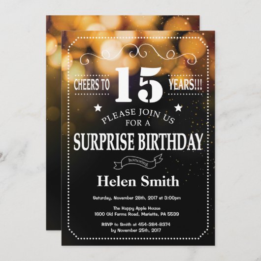 Gold Glitter Surprise - 15e verjaardag uitnodiging (Voorkant / Achterkant)