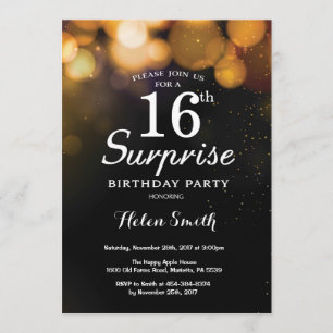 Gold Glitter Surprise 16th Birthday Invitation Kaart