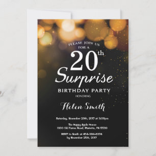 Gold Glitter Surprise 20th Birthday Invitation Kaart