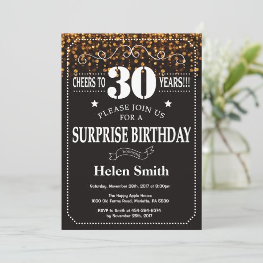 Gold Glitter Surprise 30th Birthday Invitation Kaart (Staand voorkant)