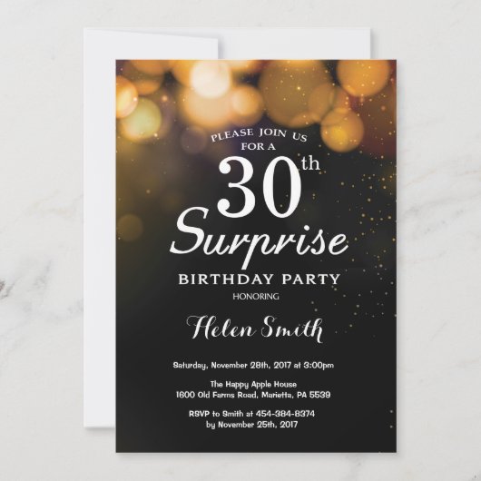 Gold Glitter Surprise 30th Birthday Invitation Kaart (Voorkant)