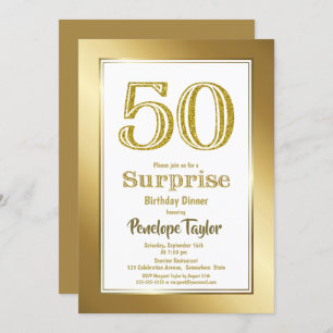 Gold Glitter Surprise 50th Birthday Dinner Party Kaart