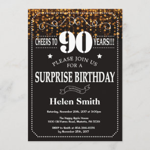 Gold Glitter Surprise 90th Birthday Invitation Kaart