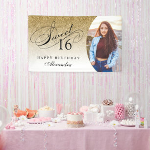 Gold Glitter Sweet 16 Persoonlijke fotobanner Spandoek