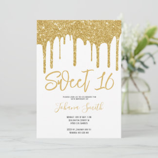 Gold Glitter Sweet Sixteen Girl Birthday Party Kaart